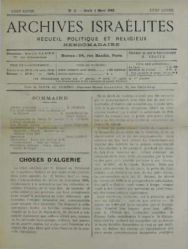 Archives israélites de France. Vol.71 N°09 (03 mars 1910)